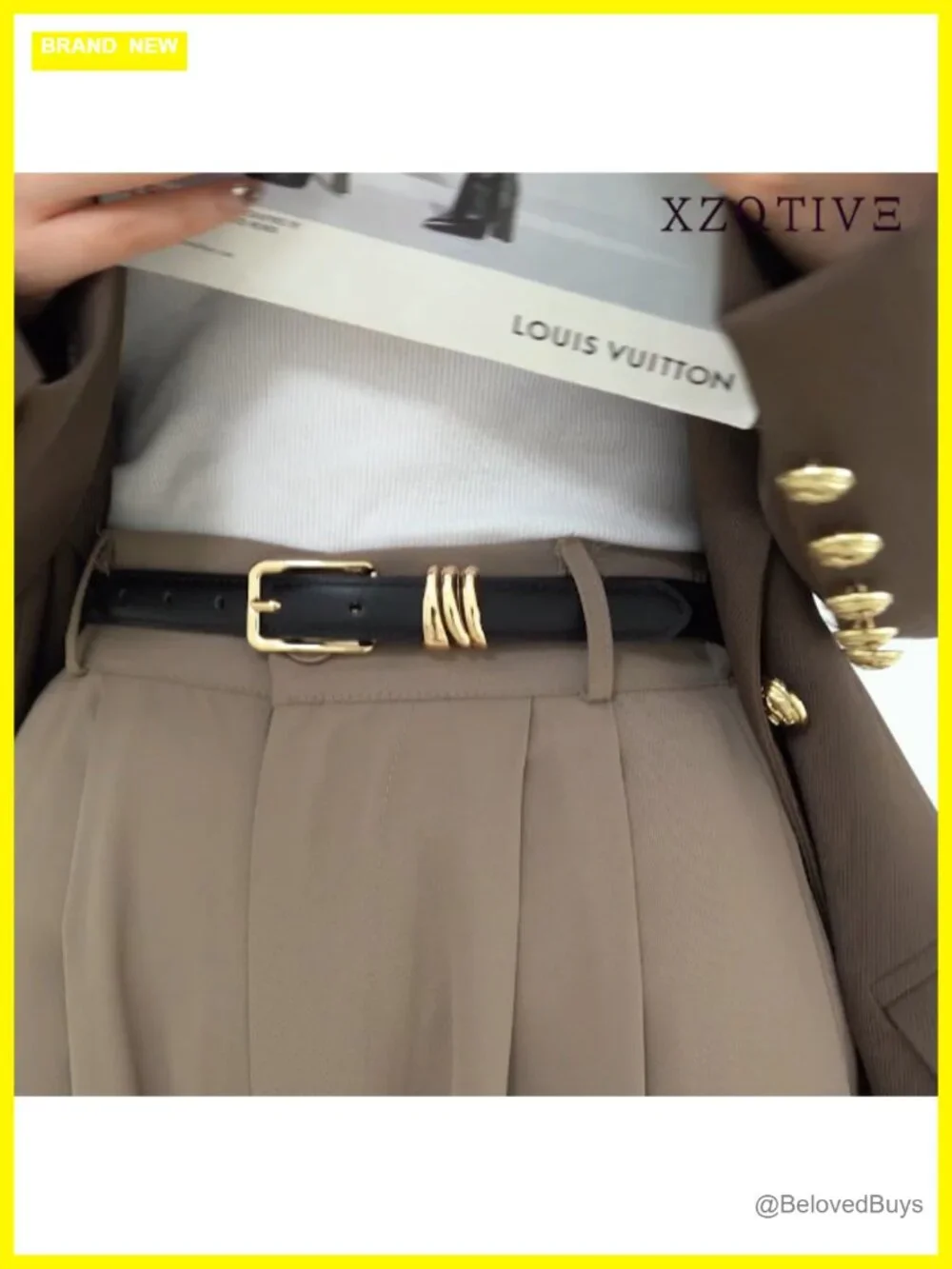 Women Skinny Faux Leather Belt with Gold Buckle and Metal Loops